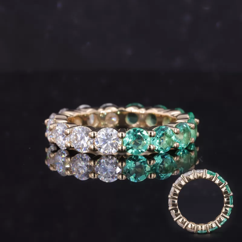 4mm Round Brilliant Cut Moissanite & Lab Grown Emerald 14K Yellow Gold Diamond Eternity Ring