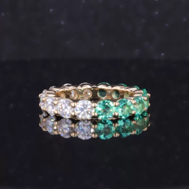 4mm Round Brilliant Cut Moissanite & Lab Grown Emerald 14K Yellow Gold Diamond Eternity Ring