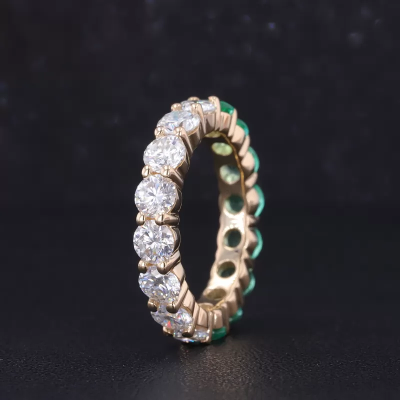 4mm Round Brilliant Cut Moissanite & Lab Grown Emerald 14K Yellow Gold Diamond Eternity Ring