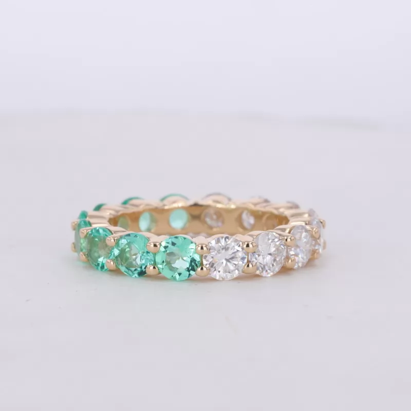 4mm Round Brilliant Cut Moissanite & Lab Grown Emerald 14K Yellow Gold Diamond Eternity Ring