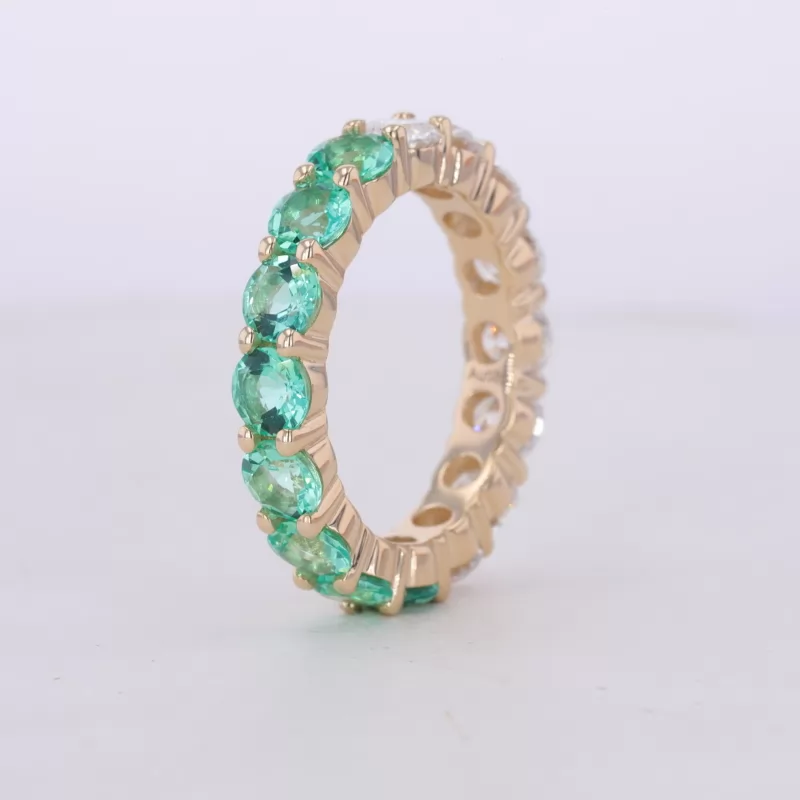 4mm Round Brilliant Cut Moissanite & Lab Grown Emerald 14K Yellow Gold Diamond Eternity Ring