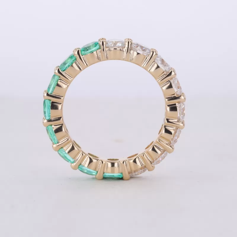 4mm Round Brilliant Cut Moissanite & Lab Grown Emerald 14K Yellow Gold Diamond Eternity Ring