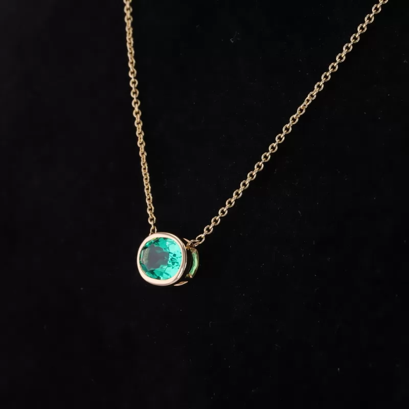 6×8mm Oval Cut Lab Grown Emerald Bezel Set 14K Yellow Gold Diamond Pendant Necklace