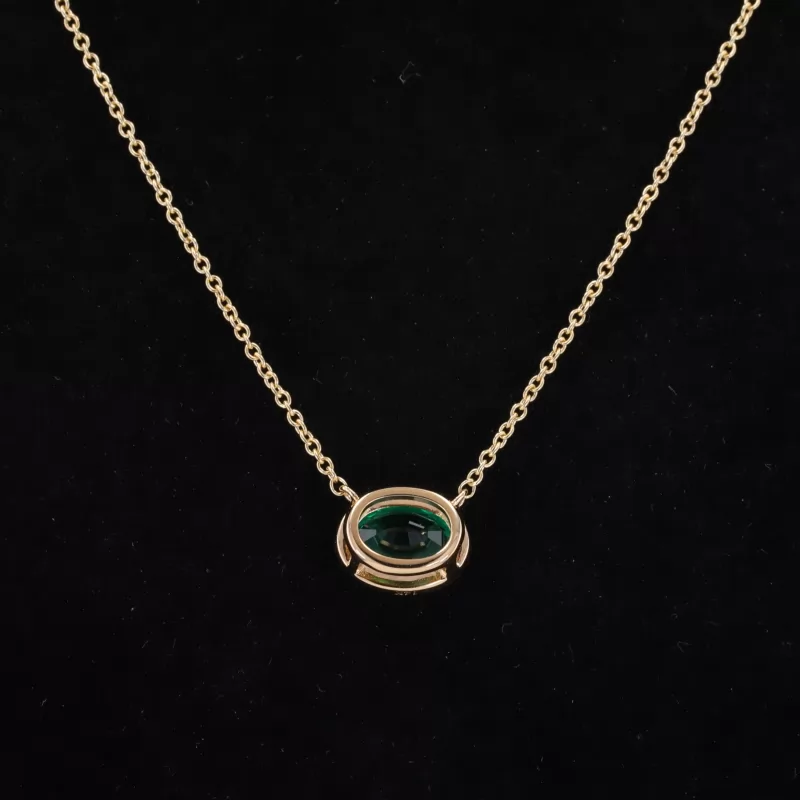 6×8mm Oval Cut Lab Grown Emerald Bezel Set 14K Yellow Gold Diamond Pendant Necklace