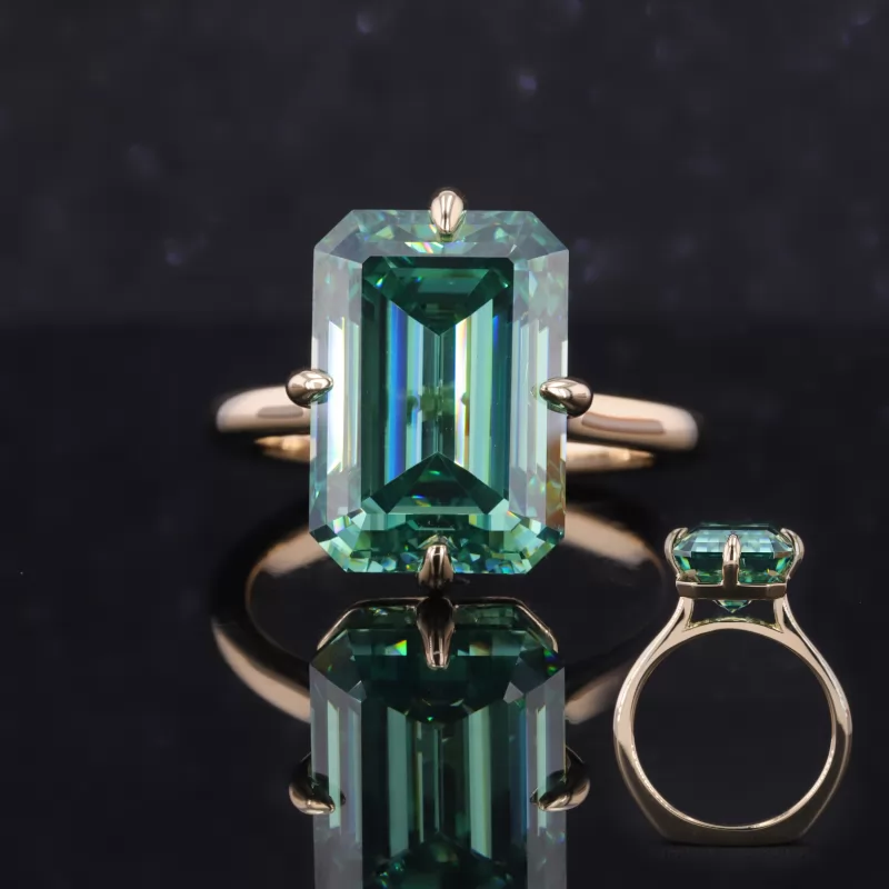 15.3×10.75mm Octagon Emerald Cut Green Moissanite 10K Yellow Gold Solitaire Engagement Ring