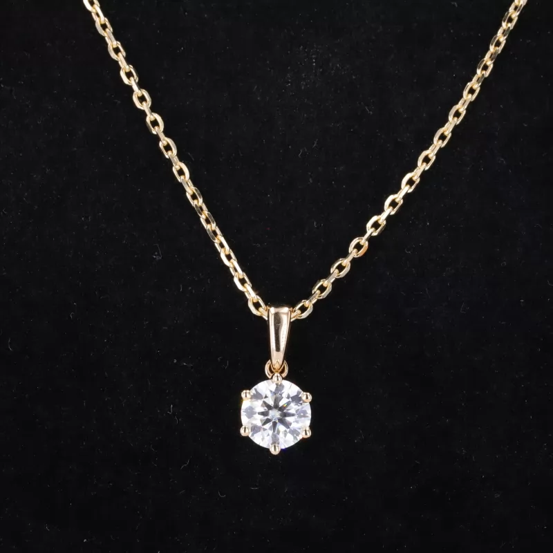 6.5mm Round Brilliant Cut Moissanite 14K Yellow Gold Diamond Pendant Necklace