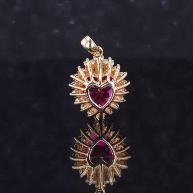 7×7mm Heart Cut Lab Grown Ruby 9K Yellow Gold Diamond Pendant