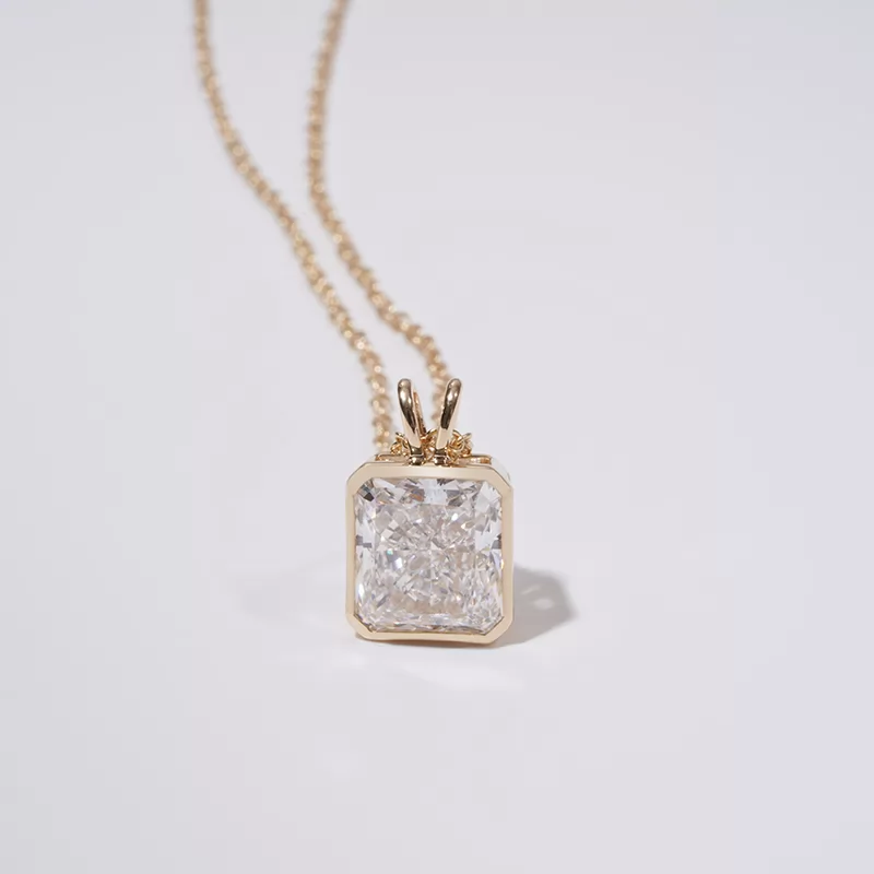 7×8mm Radiant Shape Crushed Ice Cut Lab Grown Diamond 14K Yellow Gold Diamond Pendant