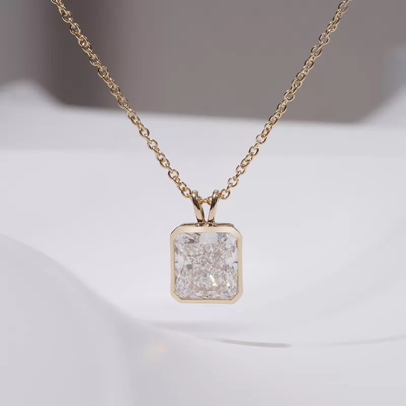 7×8mm Radiant Shape Crushed Ice Cut Lab Grown Diamond 14K Yellow Gold Diamond Pendant