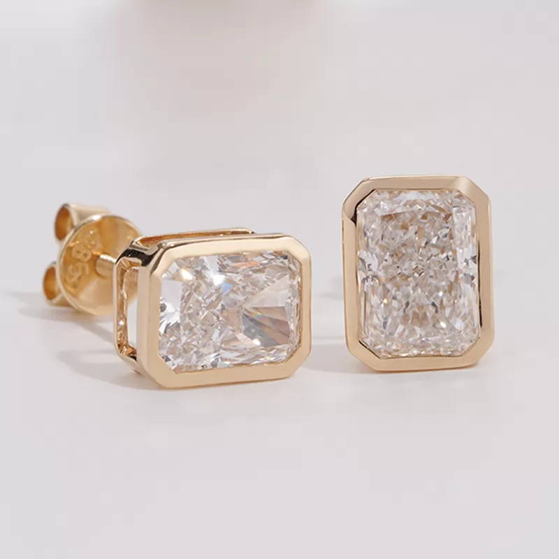 5×7mm Radiant Shape Crushed Ice Cut Lab Grown Diamond Bezel Set 14K Yellow Gold Diamond Stud Earrings