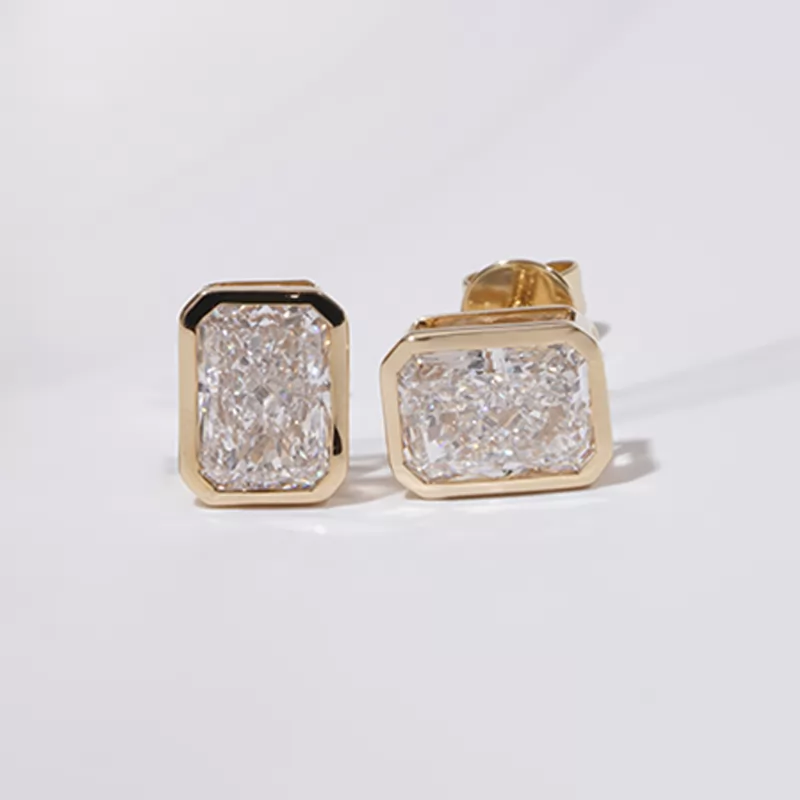 5×7mm Radiant Shape Crushed Ice Cut Lab Grown Diamond 14K Yellow Gold Diamond Stud Earrings