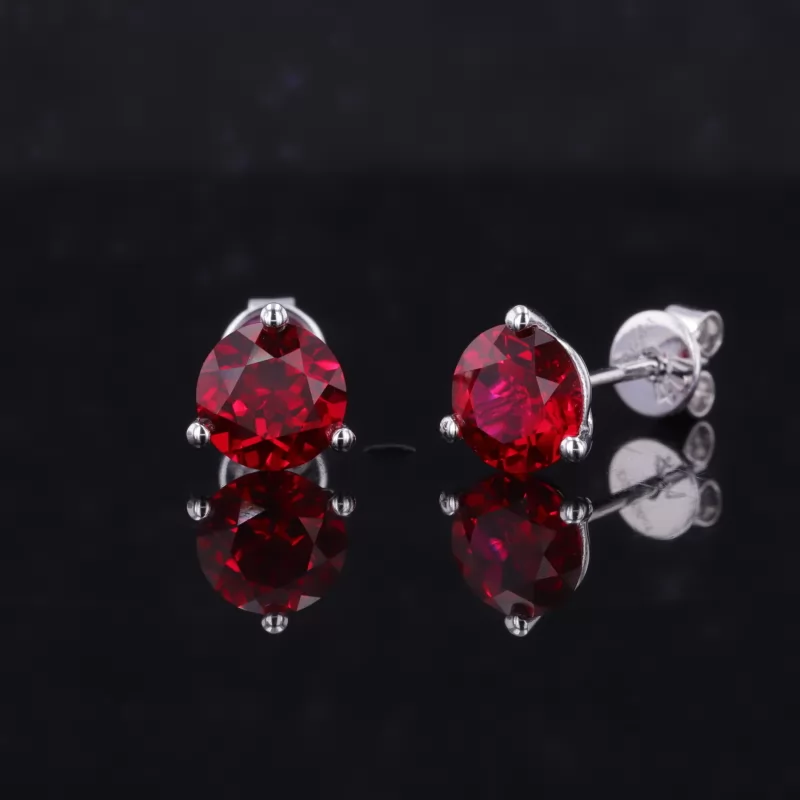 6mm Round Brilliant Cut Lab Grown Ruby 3 Prongs Screw Back 10K White Gold Diamond Stud Earrings