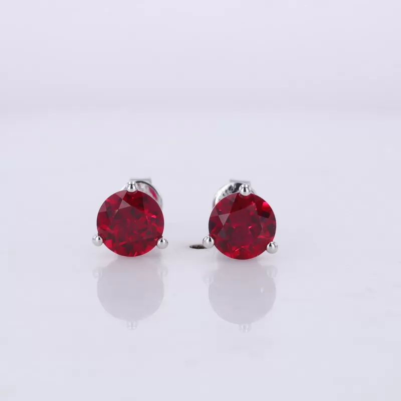 6mm Round Brilliant Cut Lab Grown Ruby 3 Prongs Screw Back 10K White Gold Diamond Stud Earrings