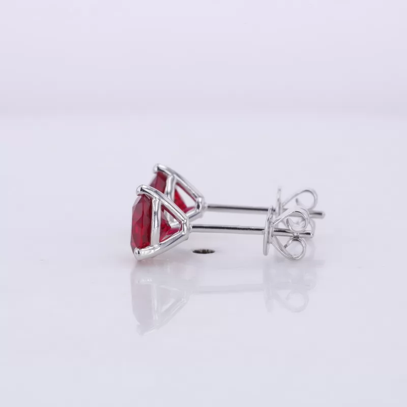 6mm Round Brilliant Cut Lab Grown Ruby 3 Prongs Screw Back 10K White Gold Diamond Stud Earrings