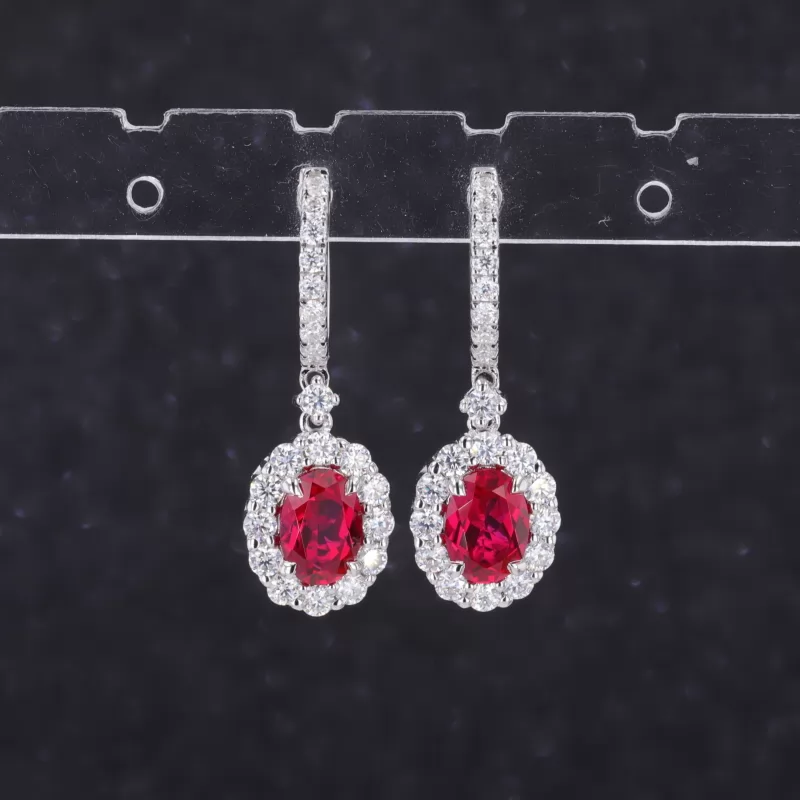 5×7mm Oval Cut Lab Grown Ruby S925 Sterling Silver Drop Dangle Diamond Earrings