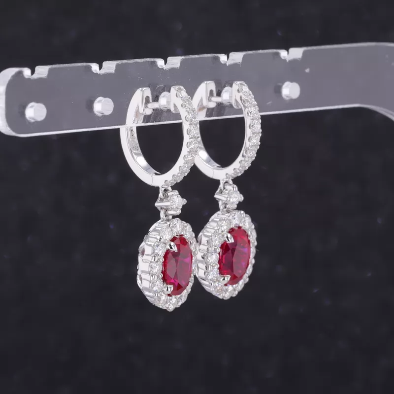 5×7mm Oval Cut Lab Grown Ruby S925 Sterling Silver Drop Dangle Diamond Earrings