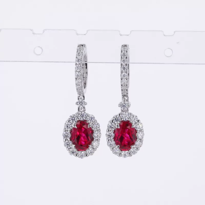 5×7mm Oval Cut Lab Grown Ruby S925 Sterling Silver Drop Dangle Diamond Earrings