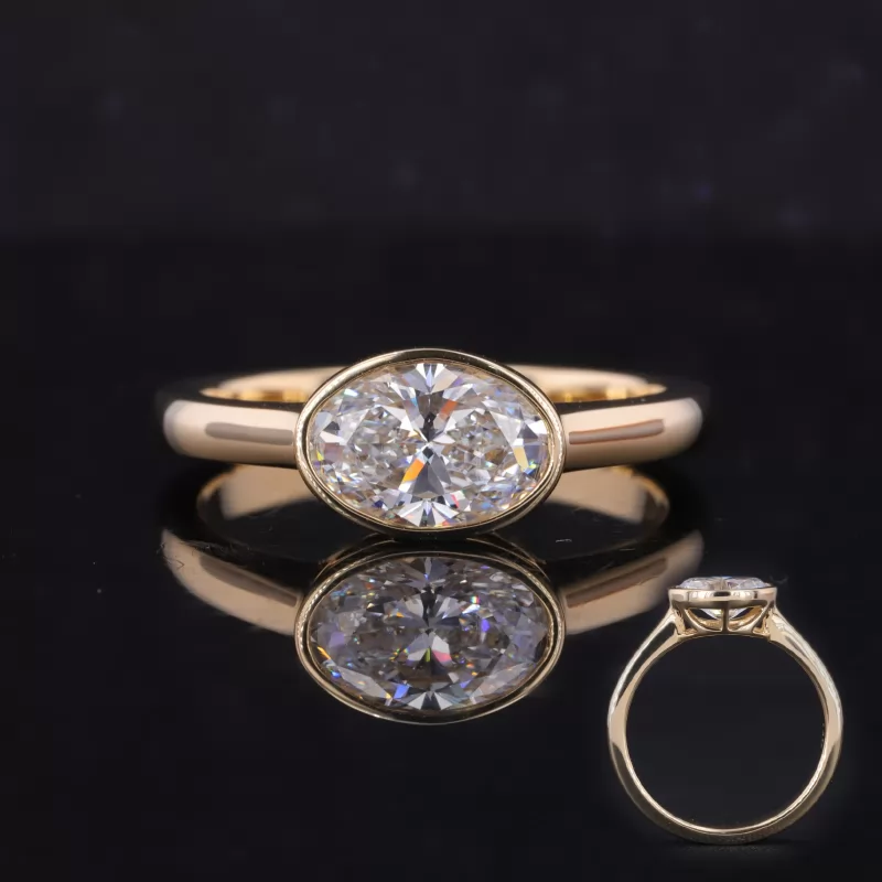 8.82×6.39mm Oval Cut Lab Grown Diamond Bezel Set 14K Yellow Gold Solitaire Engagement Ring