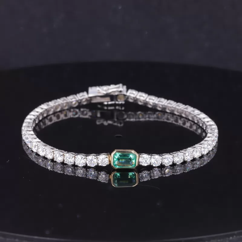 4×6mm Octagon Emerald Cut Lab Grown Emerald & 3mm Round Brilliant Cut Moissanite 14K White Gold Tennis Bracelet