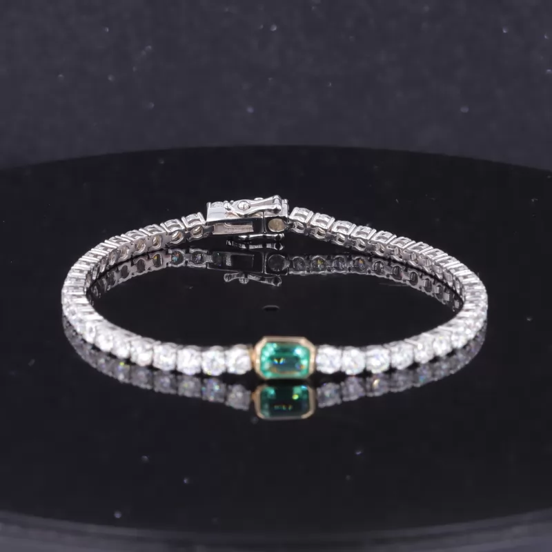 4×6mm Octagon Emerald Cut Lab Grown Emerald & 3mm Round Brilliant Cut Moissanite 14K White Gold Tennis Bracelet