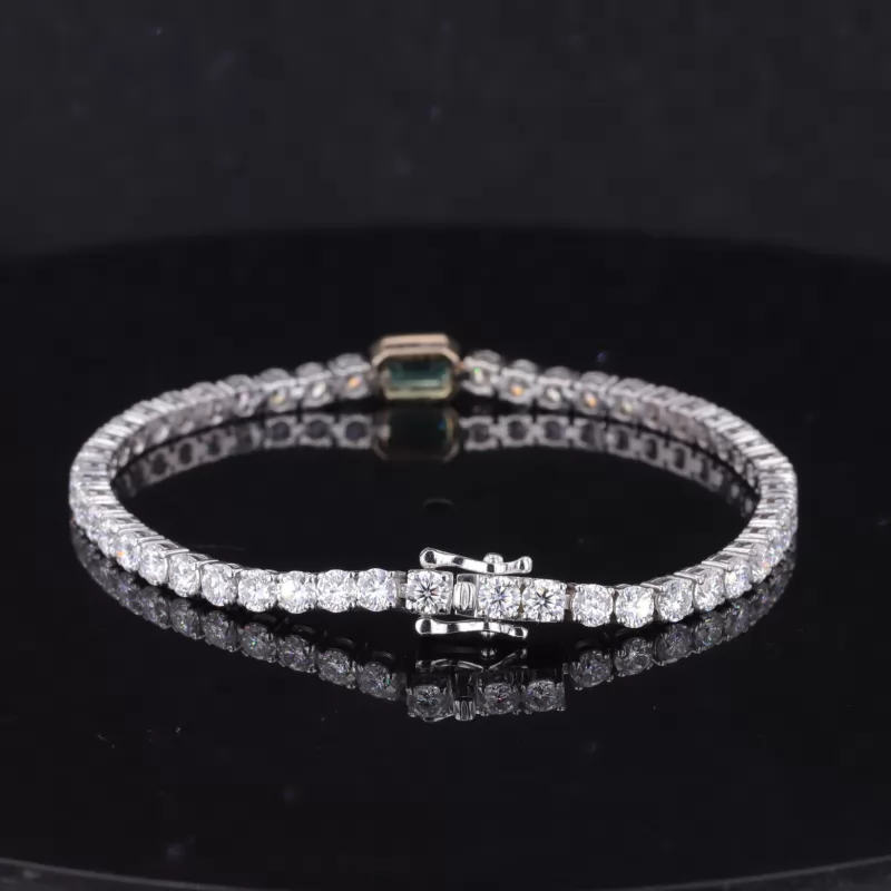 4×6mm Octagon Emerald Cut Lab Grown Emerald & 3mm Round Brilliant Cut Moissanite 14K White Gold Tennis Bracelet