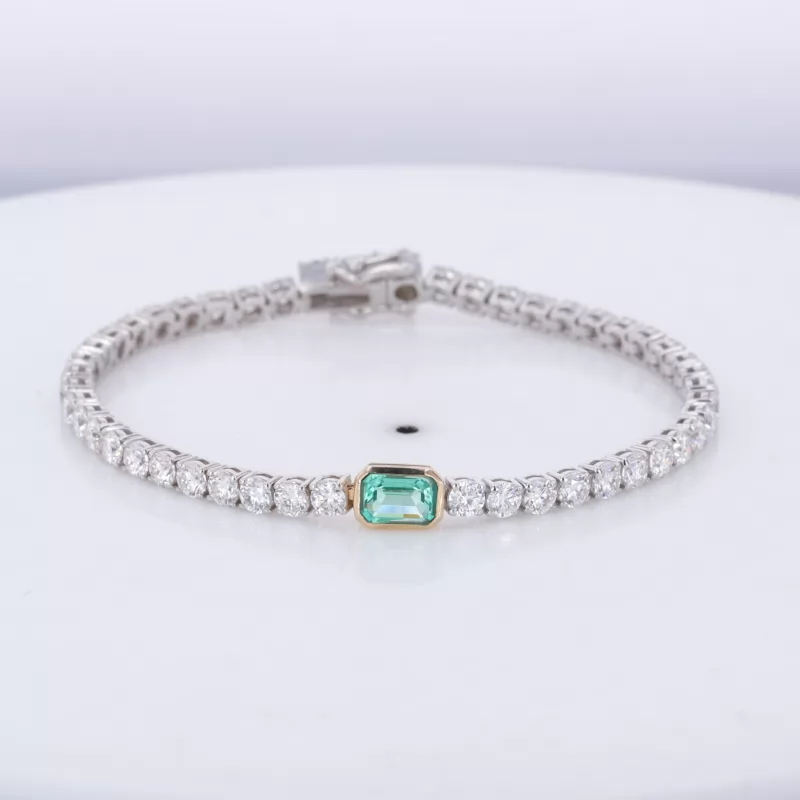 4×6mm Octagon Emerald Cut Lab Grown Emerald & 3mm Round Brilliant Cut Moissanite 14K White Gold Tennis Bracelet