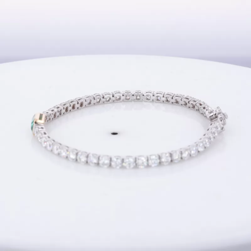 4×6mm Octagon Emerald Cut Lab Grown Emerald & 3mm Round Brilliant Cut Moissanite 14K White Gold Tennis Bracelet