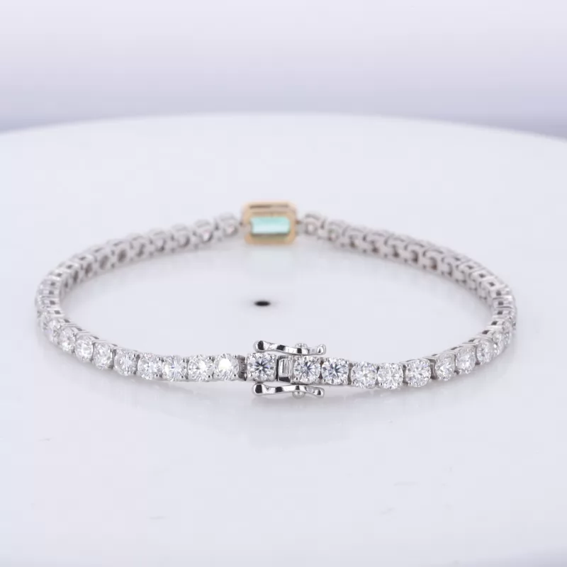 4×6mm Octagon Emerald Cut Lab Grown Emerald & 3mm Round Brilliant Cut Moissanite 14K White Gold Tennis Bracelet