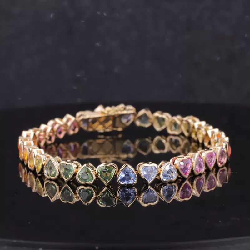 4×4mm Heart Cut Colour Gemstones Bezel Set 14K Yellow Gold Rainbow Tennis Bracelet