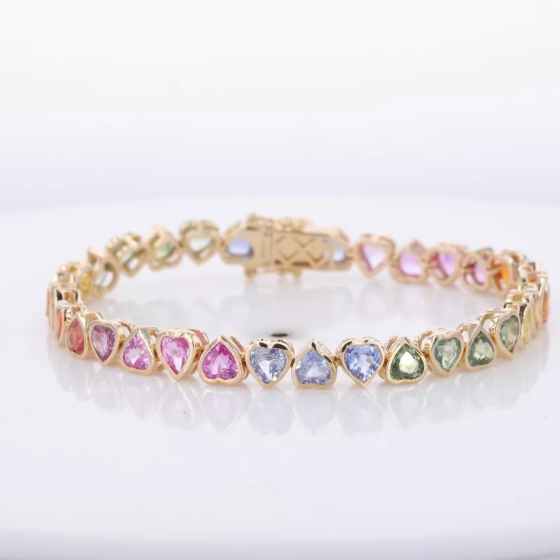 4×4mm Heart Cut Colour Gemstones Bezel Set 14K Yellow Gold Rainbow Tennis Bracelet