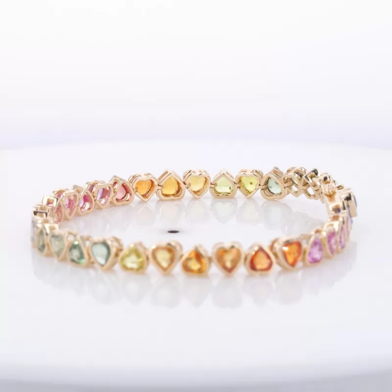 4×4mm Heart Cut Colour Gemstones Bezel Set 14K Yellow Gold Rainbow Tennis Bracelet