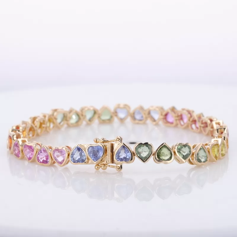 4×4mm Heart Cut Colour Gemstones Bezel Set 14K Yellow Gold Rainbow Tennis Bracelet