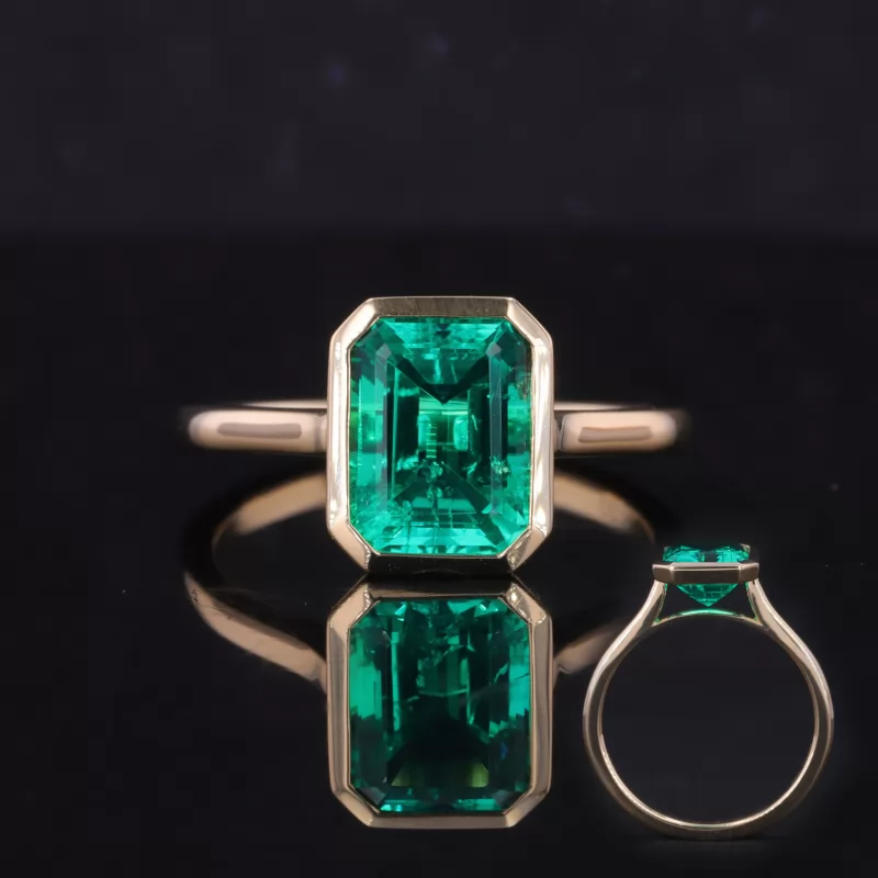 7×9mm Octagon Emerald Cut Lab Grown Emerald Bezel Set 14K Yellow Gold Solitaire Engagement Ring
