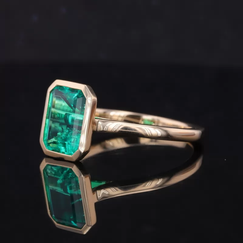 7×9mm Octagon Emerald Cut Lab Grown Emerald Bezel Set 14K Yellow Gold Solitaire Engagement Ring