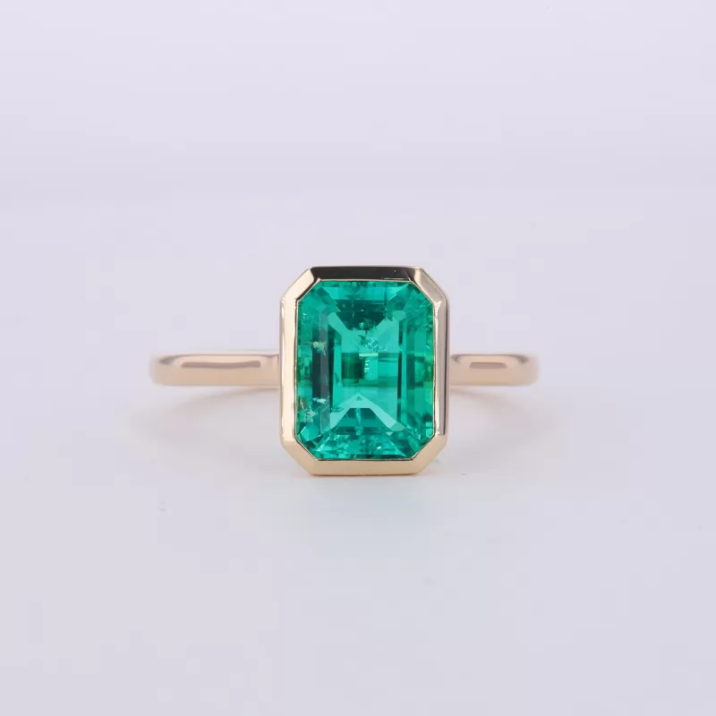 7×9mm Octagon Emerald Cut Lab Grown Emerald Bezel Set 14K Yellow Gold Solitaire Engagement Ring