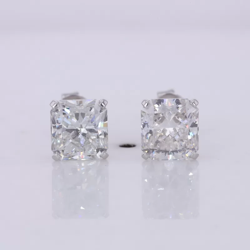 6.9×6.4mm Radiant Shape Crushed Ice Cut Moissanite 14K White Gold Diamond Stud Earrings
