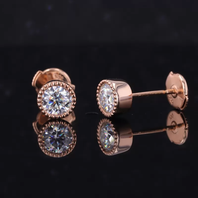 5mm Round Brilliant Cut Moissanite Bezel Set 10K Rose Gold Diamond Stud Earrings