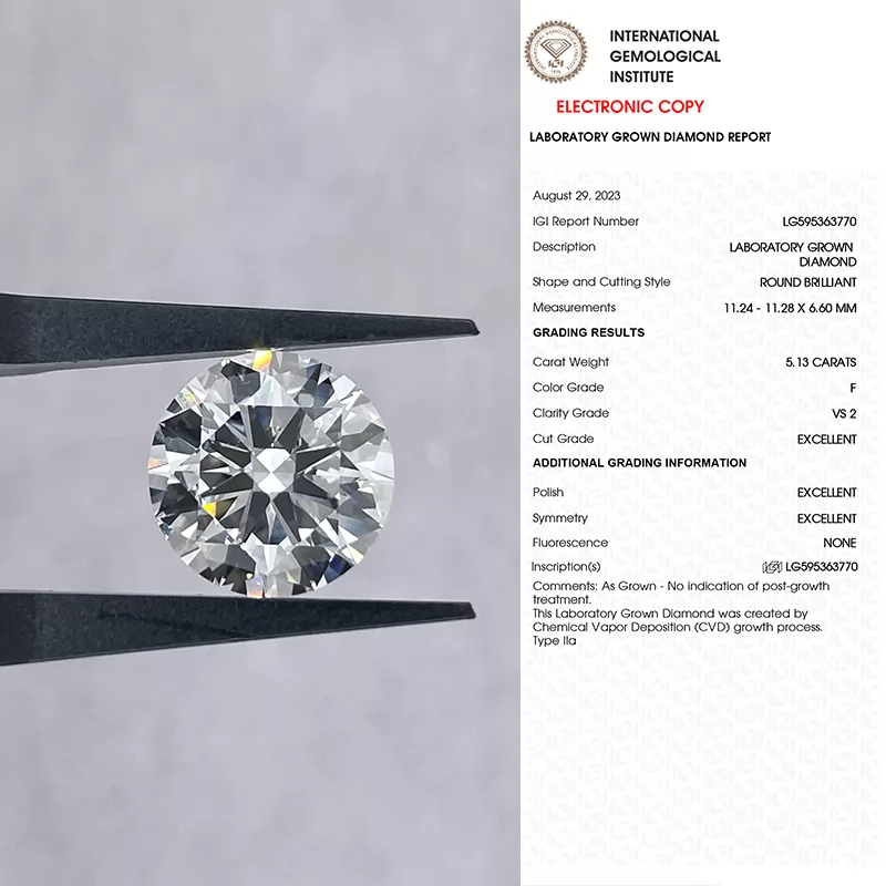 Round Brilliant Cut 5.13ct F Color CVD Lab Grown Diamond