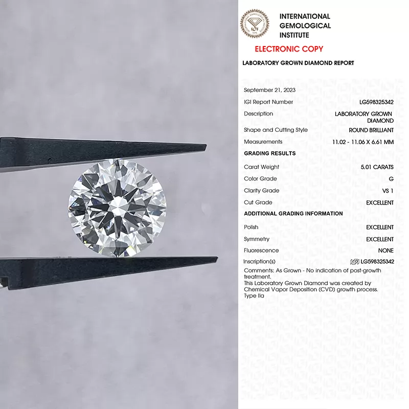 Round Brilliant Cut 5.01ct G Color CVD Lab Grown Diamond