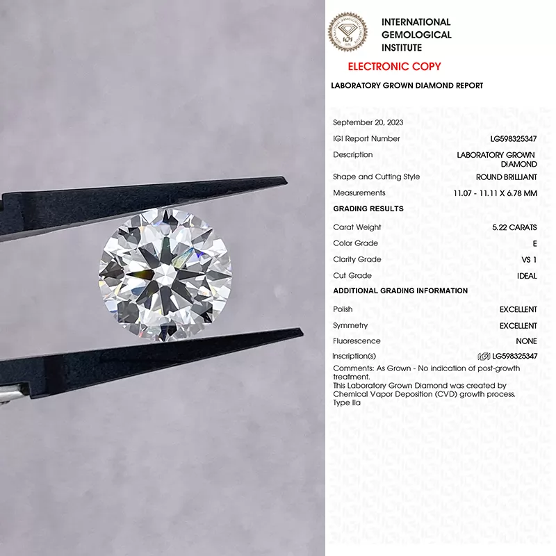 Round Brilliant Cut 5.22ct E Color CVD Lab Grown Diamond