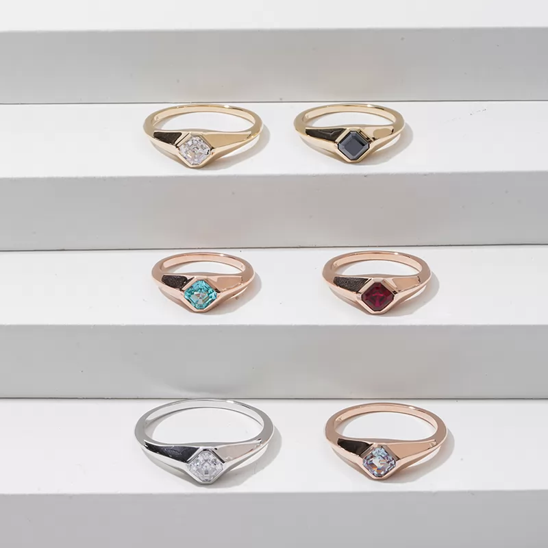 5×5mm Asscher Cut Lab Gemstones Bezel Set Solitaire Engagement Ring