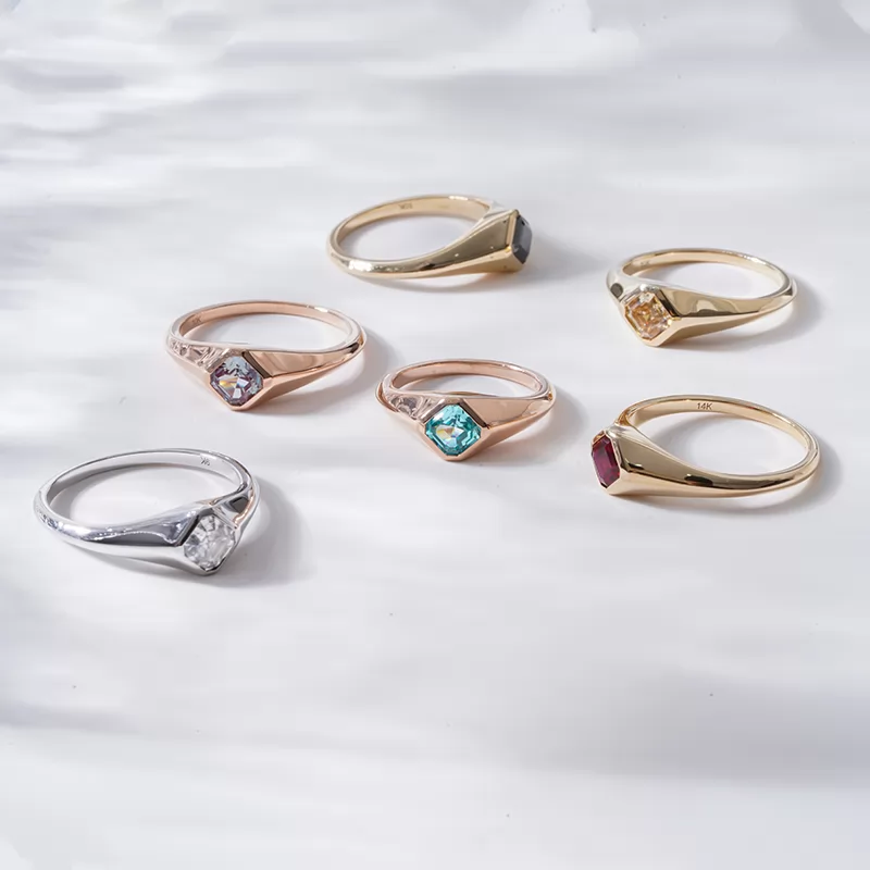 5×5mm Asscher Cut Lab Gemstones Bezel Set Solitaire Engagement Rings