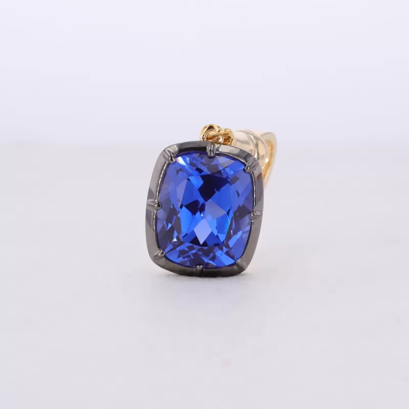 9×11mm Cushion Cut Lab Grown Sapphire 9K Yellow Gold Diamond Pendant