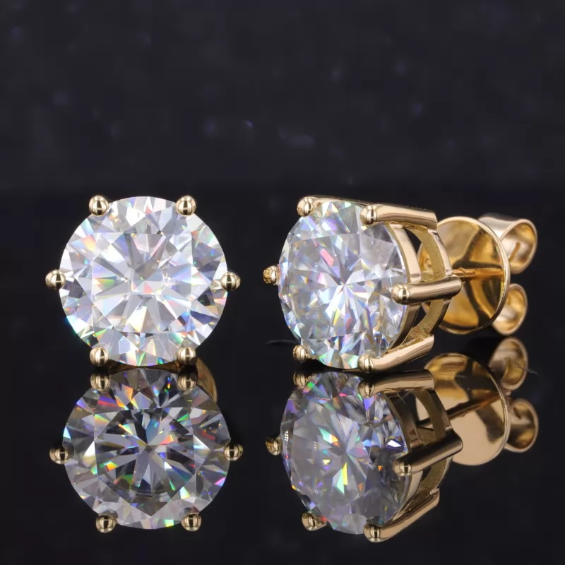 11mm Round Brilliant Cut Moissanite 6 Prongs 18K Yellow Gold Diamond Stud Earrings