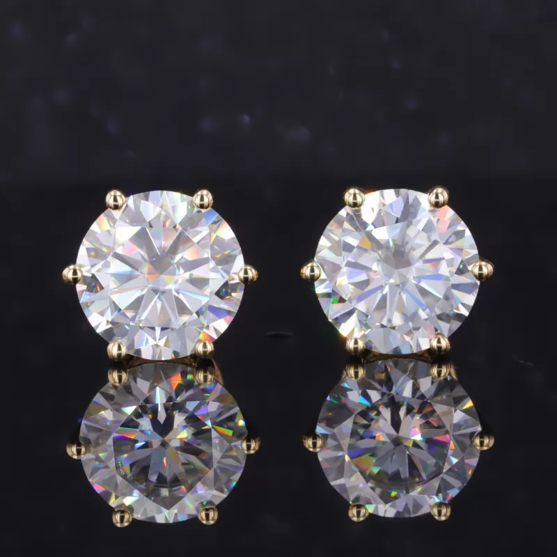 11mm Round Brilliant Cut Moissanite 6 Prongs 18K Yellow Gold Diamond Stud Earrings