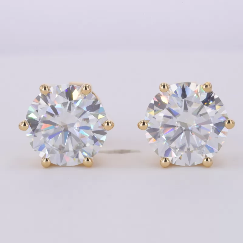 11mm Round Brilliant Cut Moissanite 6 Prongs 18K Yellow Gold Diamond Stud Earrings