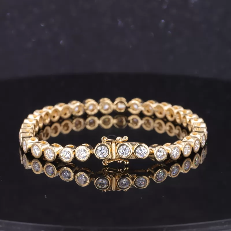 4mm Round Brilliant Cut Moissanite Bezel Set 18K Yellow Gold Tennis Bracelet