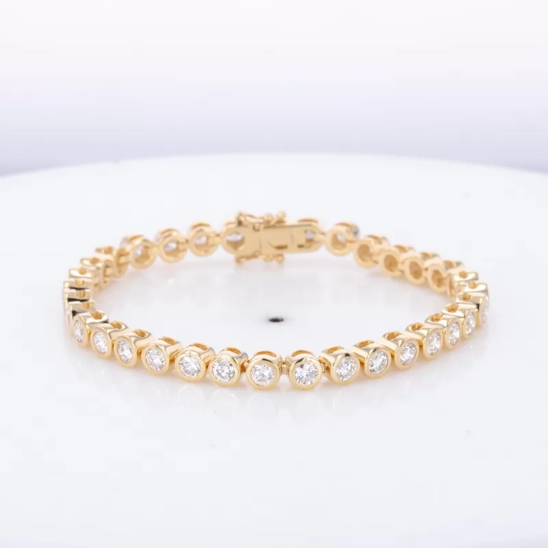 4mm Round Brilliant Cut Moissanite Bezel Set 18K Yellow Gold Tennis Bracelet