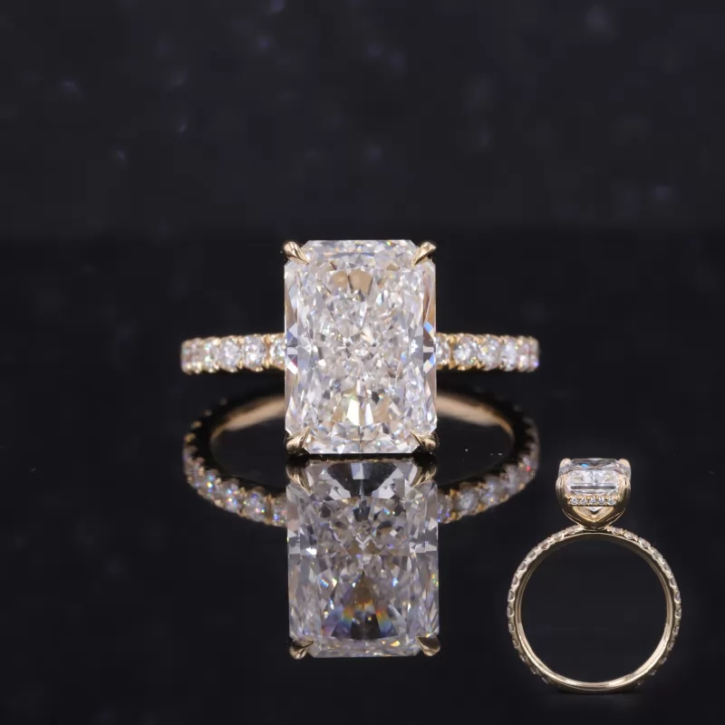 10.09×7.17mm Radiant Shape Crushed Ice Cut Lab Grown Diamond 14K Yellow Gold Pave Engagement Ring