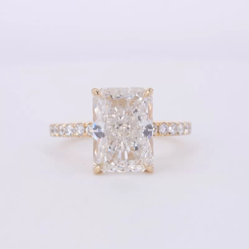 10.09×7.17mm Radiant Shape Crushed Ice Cut Lab Grown Diamond 14K Yellow Gold Pave Engagement Ring